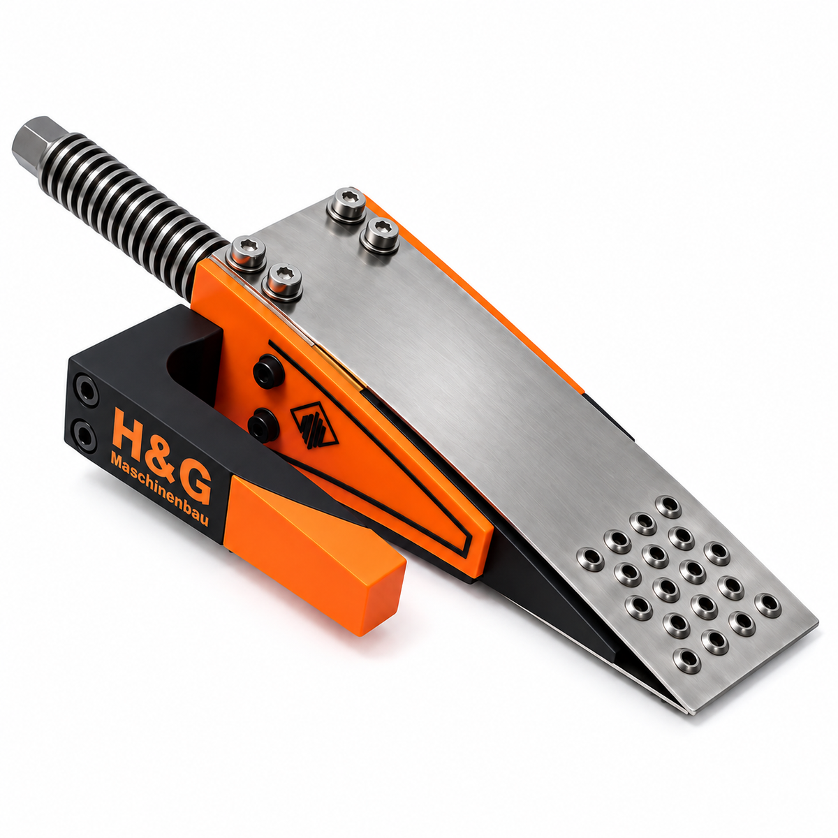 H&G Maschinenbau X6030 – mechanischer Fällkeil in Signalorange für den professionellen Forsteinsatz. Sichtbar sind die robuste Stahlkonstruktion mit gebürsteter Metalloberfläche, die gelochte Keilspitze mit griffigem Profil, der mechanische Spindelantrieb mit Sechskantaufnahme sowie der seitliche Tragegriff mit H&G-Maschinenbau-Schriftzug. Der leistungsstarke Spindelfällkeil bietet 20 Tonnen Hubkraft und 60 mm bei Holz Hesener